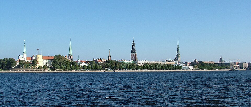 View of Riga from the Daugava river with the old town skyline and the cathedral
